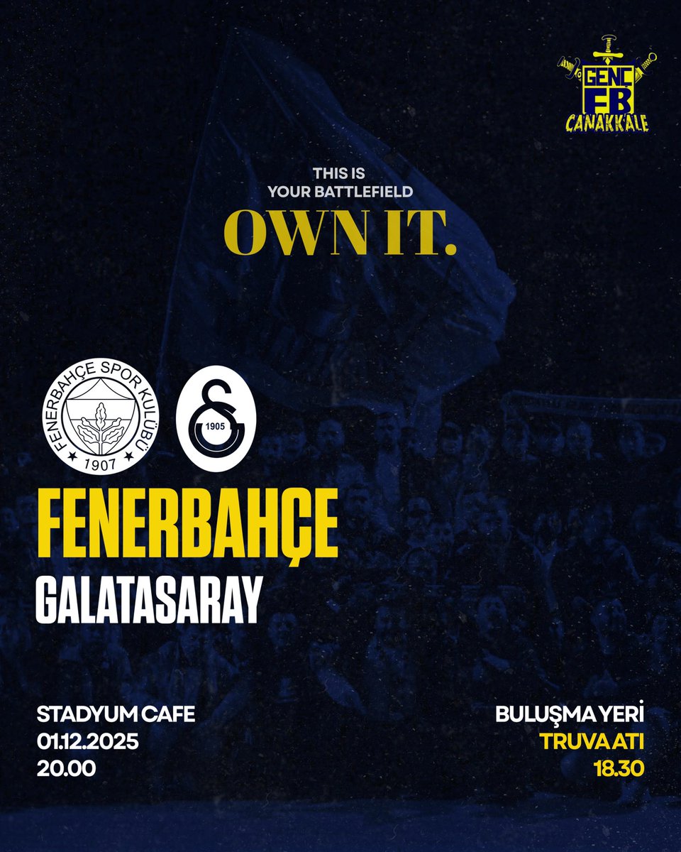 OMUZ OMUZA!

FENERBAHÇEMİZ - galatasaray karşılaşması öncesi
Pazartesi günü 18.30 itibariyle Truva Atı önünde
toplanıyoruz. Maçı izleyeceğimiz Stadyum Cafe'ye kortej eşliğinde geçilecektir.

#ÇanakkaleGfb