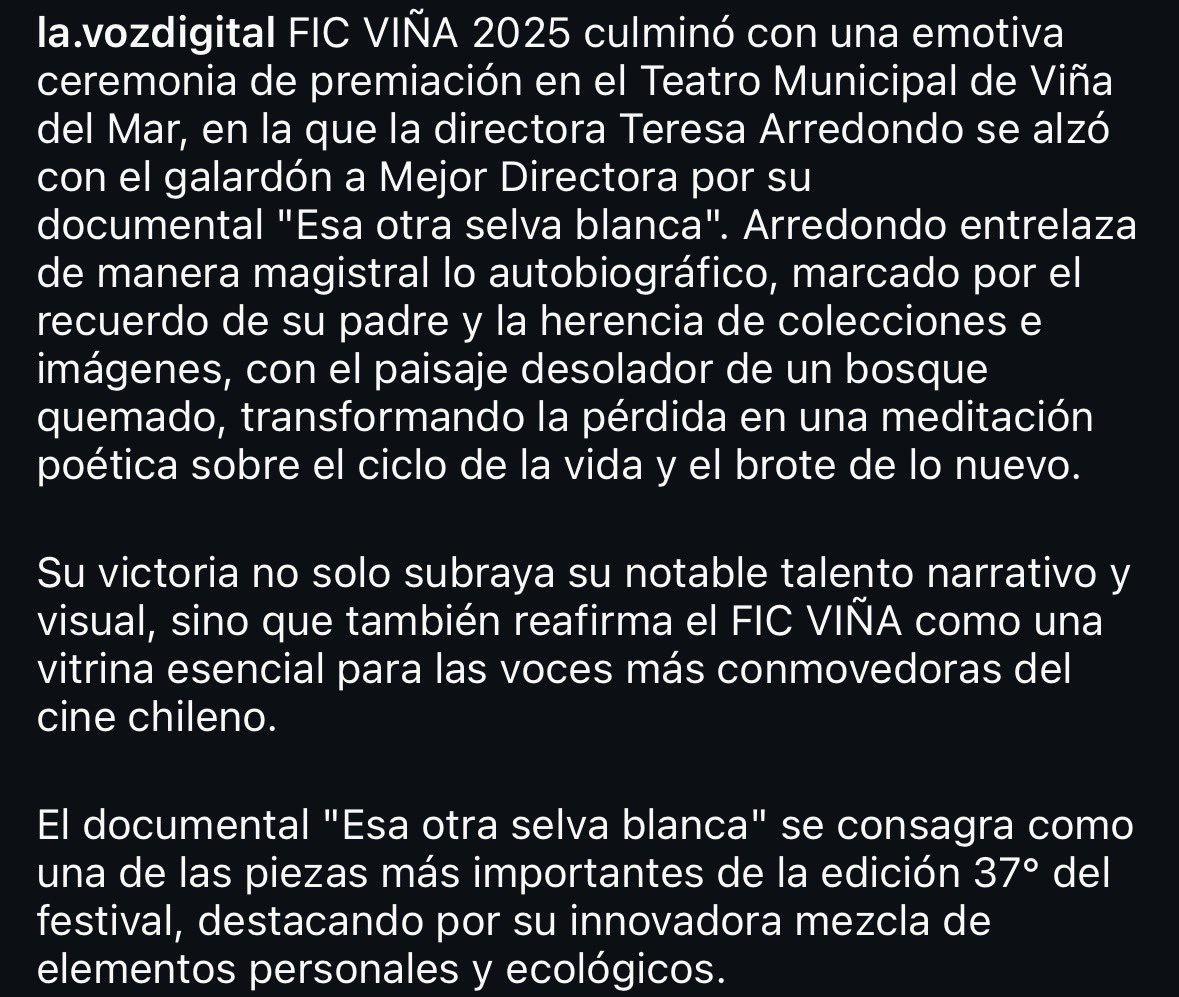 Teresa Arredondo gana el premio a Mejor Dirección por “Esa otra selva blanca” en #Ficviña ❤️🦋👏