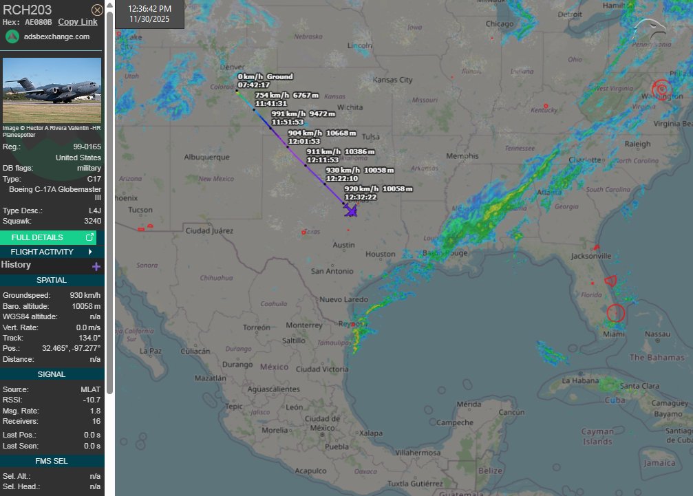 FlconEYES's tweet image. RCH203 | 99-0165 | AE080B
#USAF Service Recharging supplies to the #Caribbean

Boeing C-17A Globemaster III
Colorado Spring departed ibit.ly/hwpqp

#AvGeek #ADSB #planespotting #30Nov
@Borrowed7Time @sipjack1776 @Arr3ch0 @LadyAstroJet
