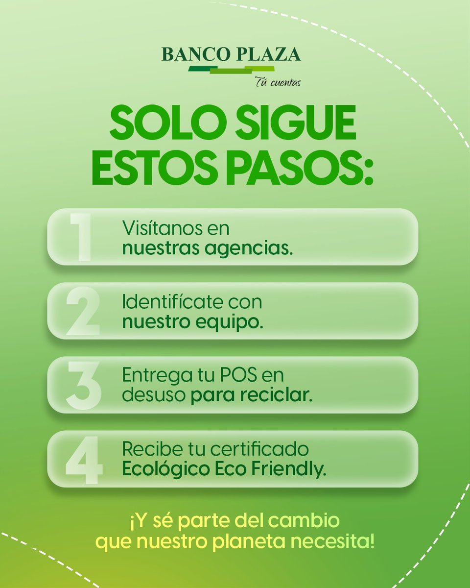 #Publicidad | Vía: <a href="/BANCOPLAZA1/">BANCO PLAZA</a>

¿Tienes un Punto de Venta inactivo? ¡Recíclalo con nosotros! ♻️ Juntos podemos reducir el impacto ambiental y crear consciencia por un mejor futuro. 

Sólo debes visitarnos en nuestras agencias y entregarnos tu POS inactivo

#TúCuentas #BancoPlaza