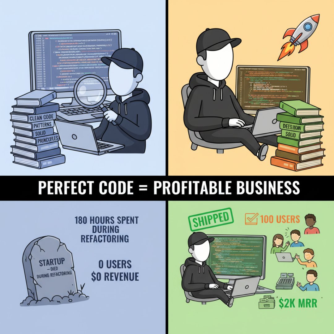 itsmzift's tweet image. Clean code&quot; fanatics spend 3 hours refactoring while having 0 customers.

Your code doesn&apos;t need to be poetry. It needs to make money.

Ugly code that ships &amp;gt; Beautiful code that doesn&apos;t.

Ship first. Refactor when you have revenue.

#WebDev #CleanCode #HotTake #IndieDev
