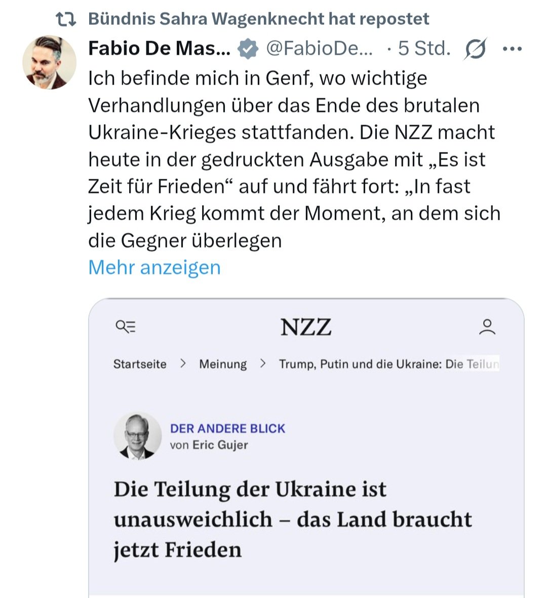 Spannend auch die Überschrift des Artikels, den De Masi teilt. Es ist ja das eine, wenn Ukrainer so etwas sagen, weil sie fürchten, dass alles nur noch schlimmer kommt. Aber ein Schweizer Kommentator, der den Menschen von außen erzählt, dass sie jetzt Teilung/Besatzung brauchen?