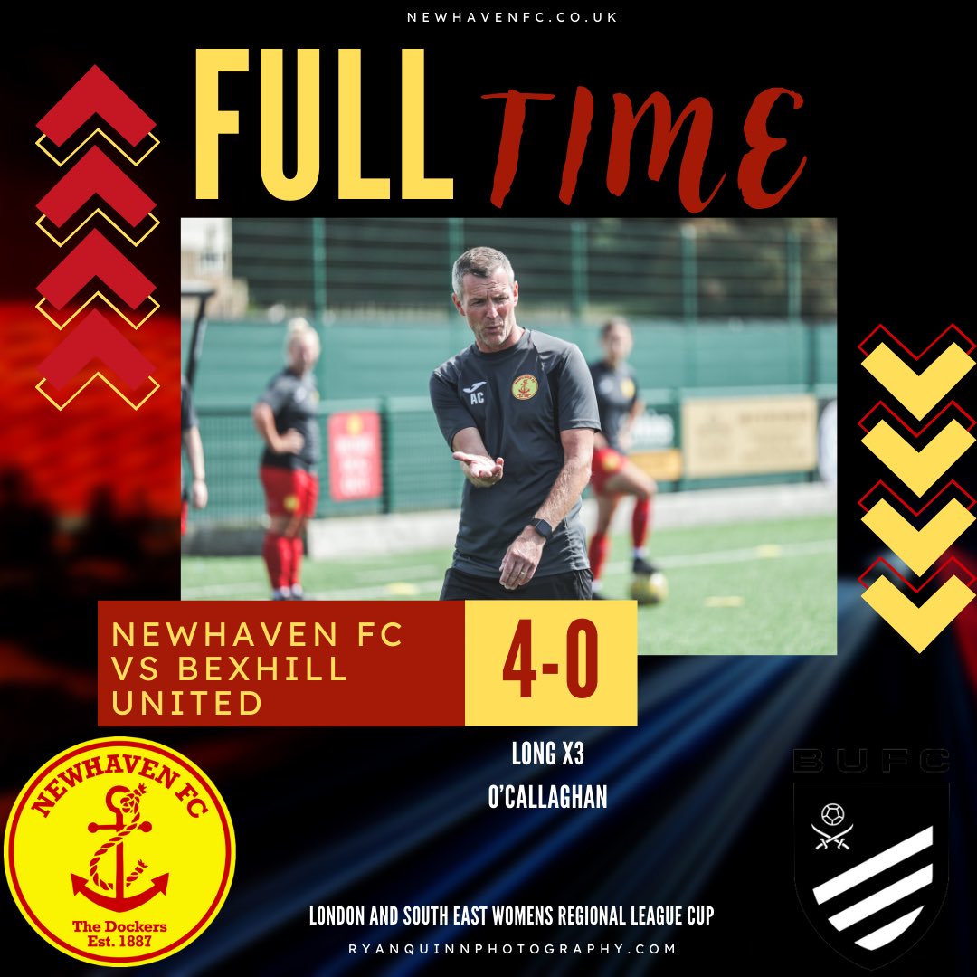 NewhavenLadies's tweet photo. ⚽️FULL TIME!

The First Team progress into the next round of the League Cup after a dominant display. 

A debut hat-trick for Long and a solo effort from O’Callaghan secured the win for the Dockers. A clean sheet finished off the day.

#COYD https://t.co/M2yRWV6fOl