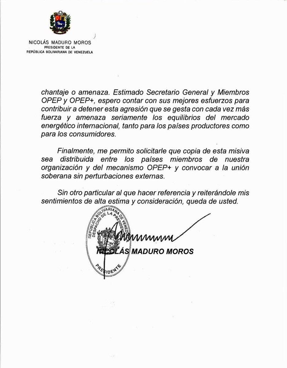 #COMUNICACIÓN OFICIAL | Venezuela denuncia, a través de misiva enviada por el Pdte. Nicolás Maduro al Secretario General de la OPEP y a los países miembros OPEP y OPEP Plus, que EE.UU. pretende apoderarse de las vastas reservas de petróleo de nuestro país, las más grandes del