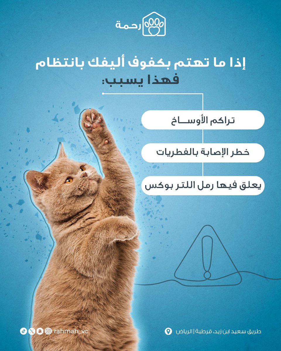 اهتمّوا بتنظيف كفوف حيواناتكم الأليفة🐾

الإهمال يسبّب التهابات ومشاكل صحيّة، والعناية البسيطة تحميهم وتحميكم! 💙