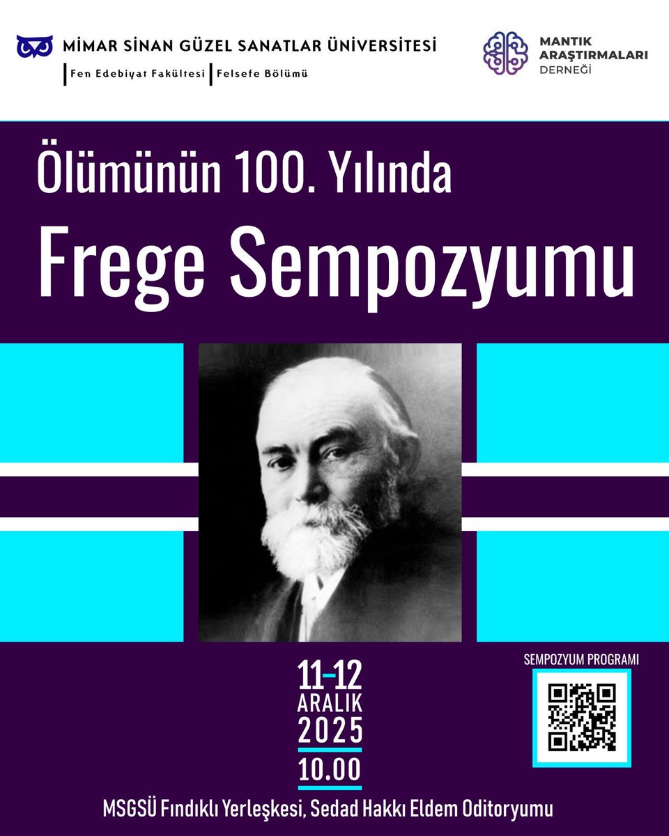 MSGSÜ Felsefe Bölümü ve Mantık Araştırmaları Derneği tarafından düzenlenen Ölümünün 100. Yılında Frege Sempozyumu, 11-12 Aralık 2025 tarihlerinde, Sedad Hakkı Eldem Oditoryumu'nda gerçekleştirilecektir. Bütün Frege severleri bekleriz.

Etkinlik Programı: frege.mantik.tr