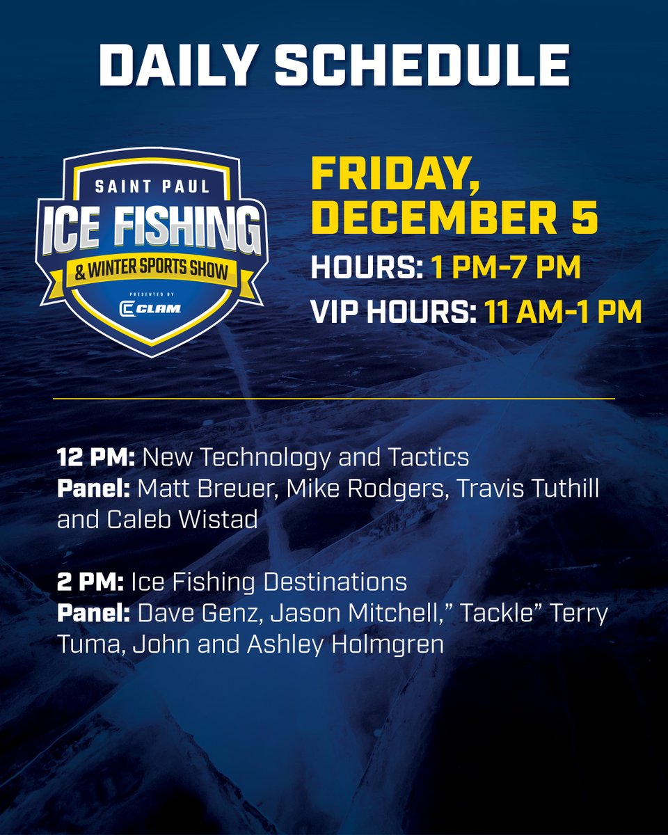StPaulIceShow's tweet photo. Catch these Panel Discussions at the St. Paul Ice Fishing show located in the Roy Wilkins Auditorium - just up the escalator. And there are more vendors and food up there as well - so you MUST get there. Buy tickets at https://t.co/KwurDVfocT https://t.co/0erwDmnOGU