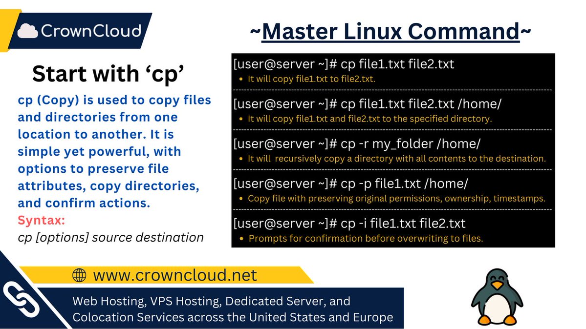 crownclouds's tweet image. Speed up your workflow with cp — the core Linux command for duplicating files and directories efficiently.

#DevOps #LinuxAdmin #CLI