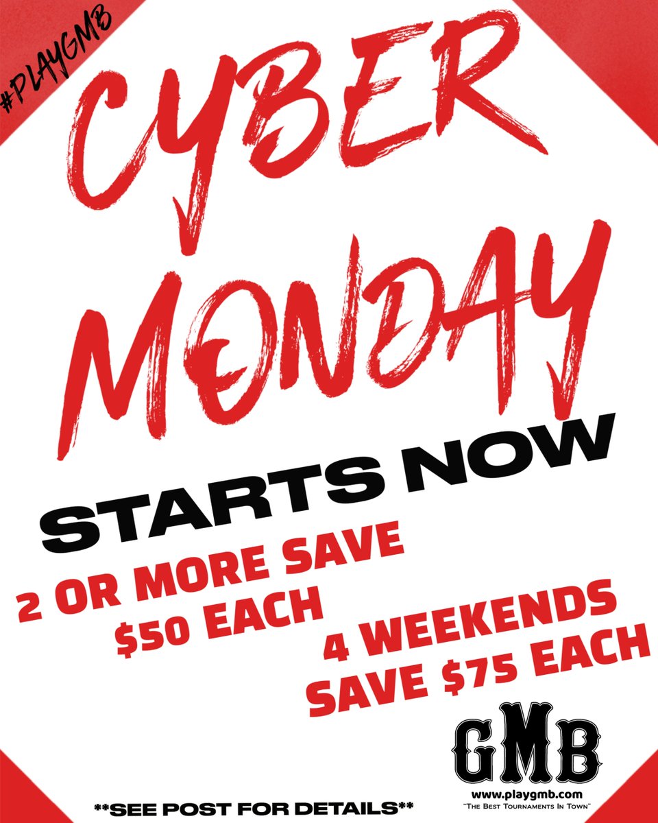 _YBNetwork's tweet image. 📣📣GMB Cyber Monday Sale Starts Now!📣📣

🔥Do not miss these hot deals! 🔥

⭐ 2 or more save $50 on each
⭐ 4 weekends save $75 on each 

📍Fees are due at time of registration. No coupon code needed 

Deal ends Monday 12/1 @6pm
  
🔗 playgmb.com