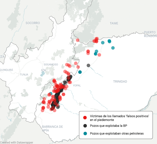 Los puntos negros son los casi 300 pozos que explotaba la British Petroleum en Casanare. Los rojos, las víctimas de falsos positivos para la misma época. Invitados a ver esta historia sobre la responsabilidad de las empresas petroleras en estos crímenes🧵rutasdelconflicto.com/especiales/pet…