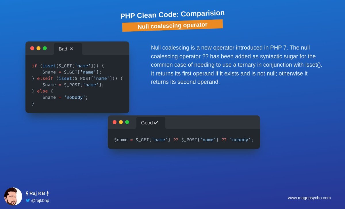 rajkbnp's tweet image. 2️⃣ Clean Code Series: Comparision 📒💻

☑️ Null coalescing operator

🐘 #PHP #Laravel #Symfony