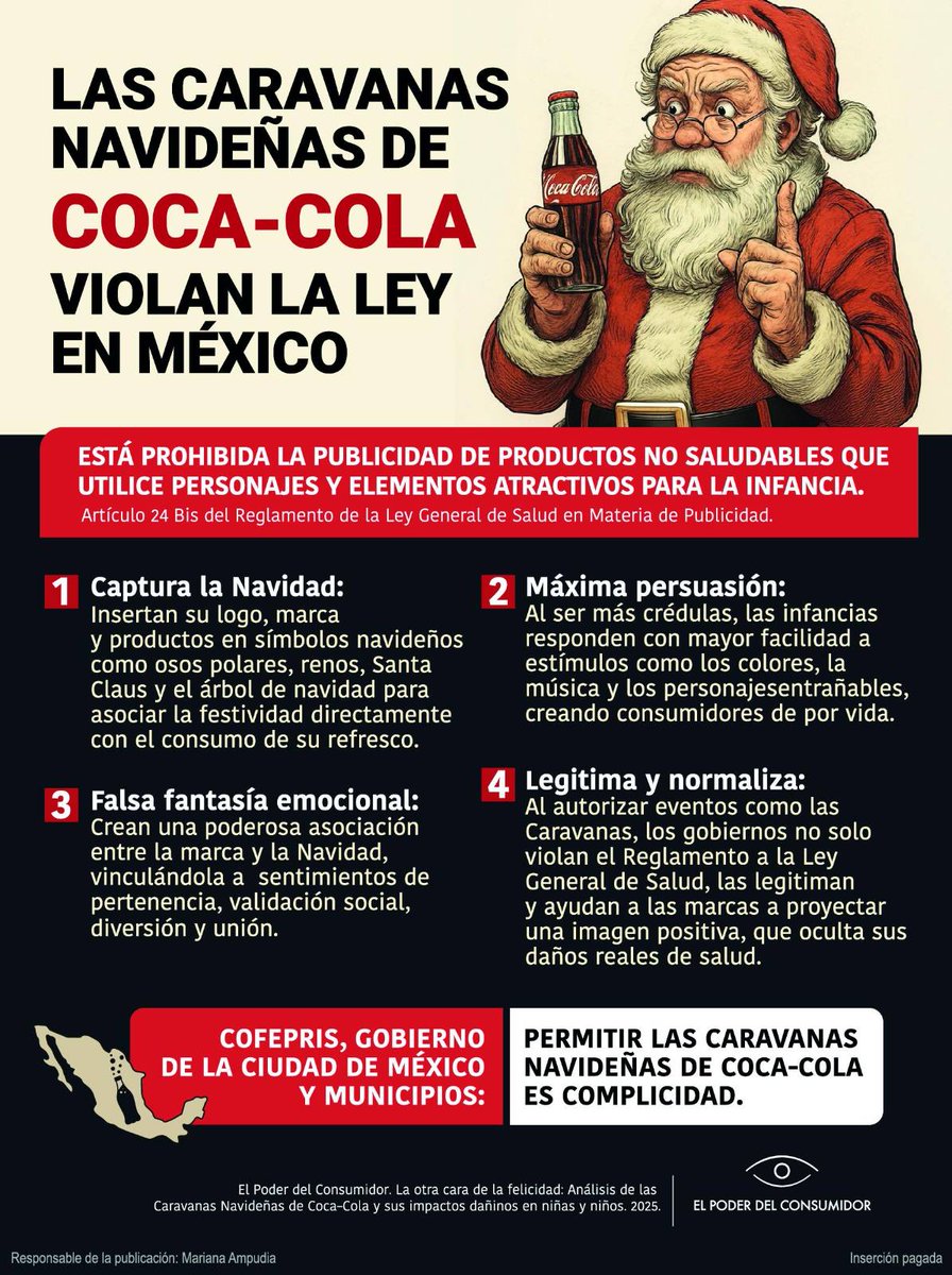 elpoderdelc's tweet image. ¿Qué es la #Navidad?🧐🎄
Las #CaravanasNavideñas de Coca-Cola influyen en las niñas y niños para que crean que este festejo significa consumir su producto.
👇Conoce más de la evidencia psicológica y legal que presentamos a @COFEPRIS  para que cancele estos eventos en todo el…
