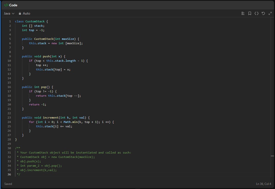 Shubhampateldev's tweet photo. Day 72/365 โ #365DaysOfLeetCodeChallenge
โCustom Stack w/ Incrementโ ๐ฆ
Array stack + top pointer โ O(1) push/pop, simple loop for increment.
#leetcode #java #DSA #coding #programmingquiz https://t.co/3sVOxaoQh4