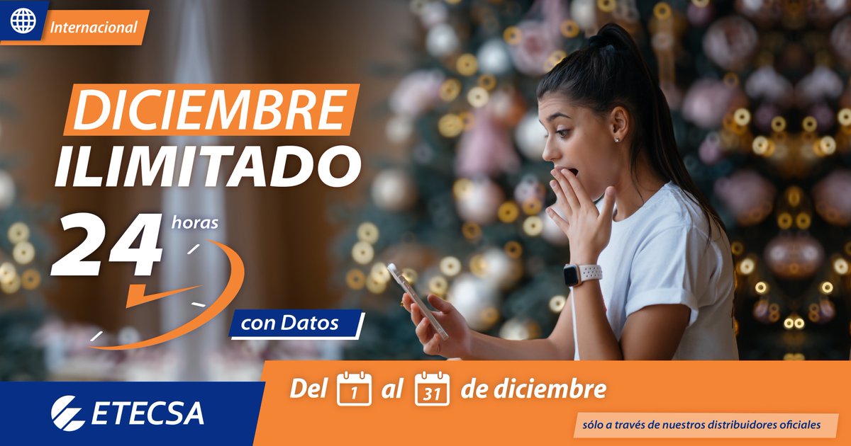 Durante todo diciembre, si recibes una recarga desde 960 CUP y hasta 1250 CUP a través de nuestros distribuidores, disfrutarás de datos ilimitados las 24 horas por 30 días. Visita etecsa.cu. #RecargaInternacional