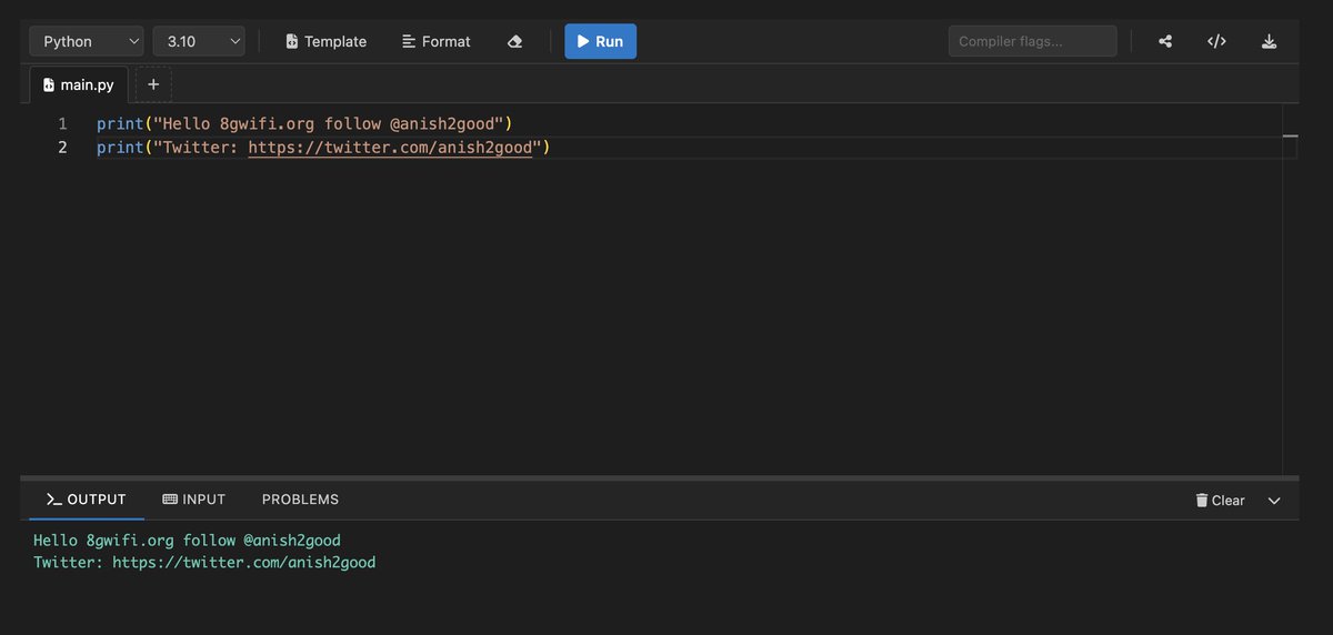 anish2good's tweet image. Free Online Code Compiler on 8gwifi.org!

  ✅ 60+ languages (Python, Java, Go, Rust, C++...)
  ✅ VS Code-style editor with syntax highlighting
  ✅ Multi-file support for complex projects
  ✅ Share &amp;amp; embed your code snippets
  ✅ No signup required

  Try it now…