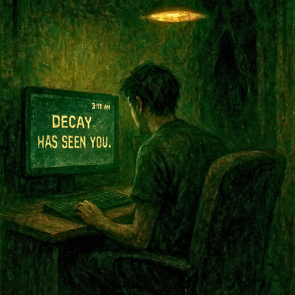 Gorba737357's tweet image. It starts with a single line of corrupted code.

You wake to find your screen glowing at 3:11 AM.
Your cursor types on its own:

DECAY HAS SEEN YOU.

As you reach for the mouse, the lights in your room dim—
not flickering, but pulling back, as if retreating from something behind…