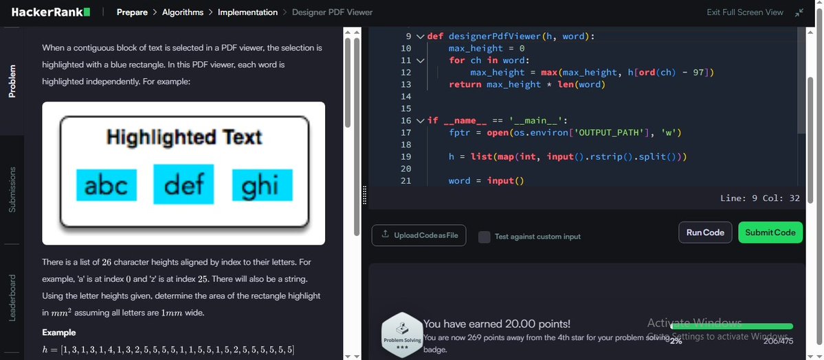MRout75802's tweet image. Day 70/100 ✅
💡 Challenge: Designer PDF Viewer
🔹 Mapped letter heights using ASCII values
🔹 Found tallest character in the word
🔹 Calculated highlighted area correctly
#Python #100DaysOfCode #HackerRank #ProblemSolving #zigbee