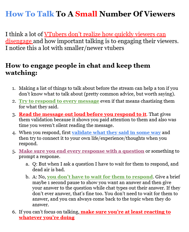 Based on the current trend of Quality  > Quantity, viewer engagement will only become more important over the next year. Here are some strategies for how to talk to and engage with  your chat even if you only have a couple people.