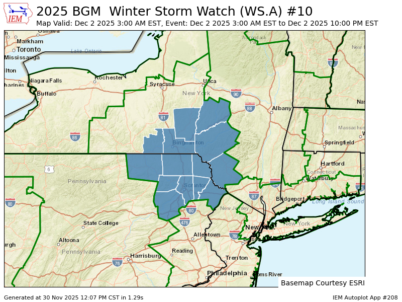 BGM issues Winter Storm Watch valid at Dec 2, 3:00 AM EST for Broome, Chenango, Delaware, Otsego, Sullivan, Tioga [NY] till Dec 2, 10:00 PM EST mesonet.agron.iastate.edu/vtec/f/2025-O-…