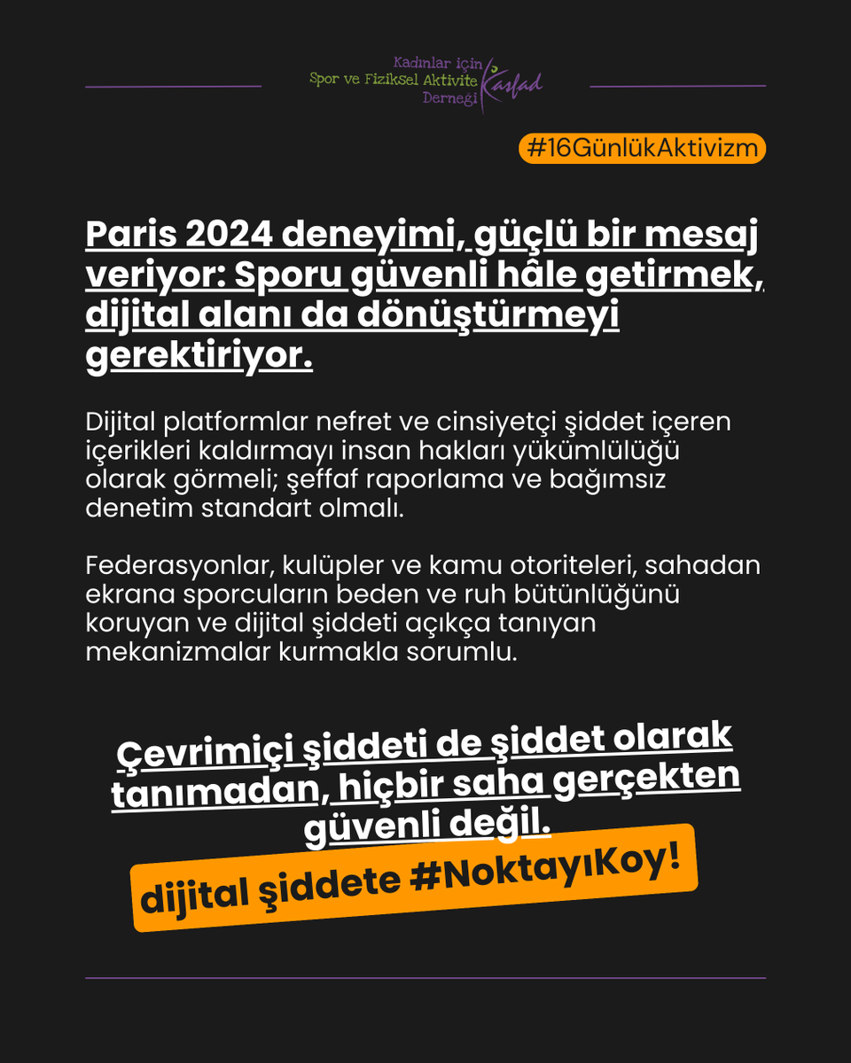 Çevrimiçi şiddeti de şiddet olarak tanımadan hiçbir saha gerçekten güvenli değil.

Platformlar, federasyonlar ve kamu otoriteleri sporcuların beden ve ruh bütünlüğünü korumakla yükümlü; bizler için en basit ama en kritik adım ise sessiz kalmamak. #NoktayıKoy🟠

<a href="/unfpaturkiye/">UNFPA in Türkiye</a> &amp;