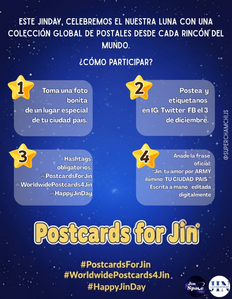 jinspacelatam's tweet photo. 🐹 POSTCARDS FOR JIN 💌

Celebramos el cumpleaños de Jin con una lluvia global de postales para mostrarle cómo ilumina nuestras ciudades y corazones.

📸 Cómo participar

1. Toma una foto bonita de un lugar especial de tu ciudad/país.

2. Agrega la frase oficial: "Jin, tu amor por ARMY iluminó [TU CIUDAD/PAÍS]." (a mano ✍️ o digitalmente 📱).

3. El 3 de diciembre, usa los hashtags oficiales y publica tu postal en Instagram.

🏷️ Hashtags oficiales
#PostcardsForJin
#WorldwidePostcards4Jin
#HappyJinDay

⏰ Horarios de publicación
11:00 AM – 🇲🇽🇨🇷🇬🇹🇸🇻🇳🇮🇭🇳
12:00 PM – 🇨🇴🇵🇪🇪🇨🇵🇦
01:00 PM – 🇩🇴🇧🇴🇵🇷🇻🇪🇨🇺
02:00 PM – 🇦🇷🇺🇾🇧🇷🇵🇾🇨🇱
06:00 PM – 🇪🇸
