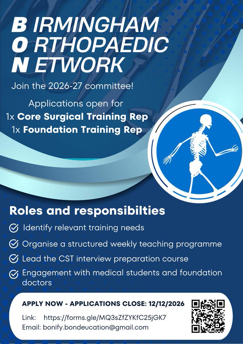🚨 BON 2026–27 applications open!

We’re recruiting:
🔹 CST Rep x1
🔹 Foundation Rep x1

Help shape teaching, support trainees &amp; drive ortho education in Birmingham.

📝 Apply: forms.gle/SU2a5FFKmHxoi4…
📅 Deadline: 12/12/2026

#Ortho #BON #MedicalEducation