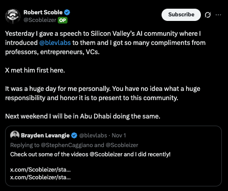 For those who may not know <a href="/Scobleizer/">Robert Scoble</a>, he is one of Silicon Valley’s most recognizable voices, well known for his influential blog, where companies like Siri, Tesla, and Instagram first gained early visibility.

Recently, Scoble met with <a href="/blevlabs/">Brayden Levangie</a>, CEO of <a href="/LevangieLabs/">Levangie Laboratories</a>, who is