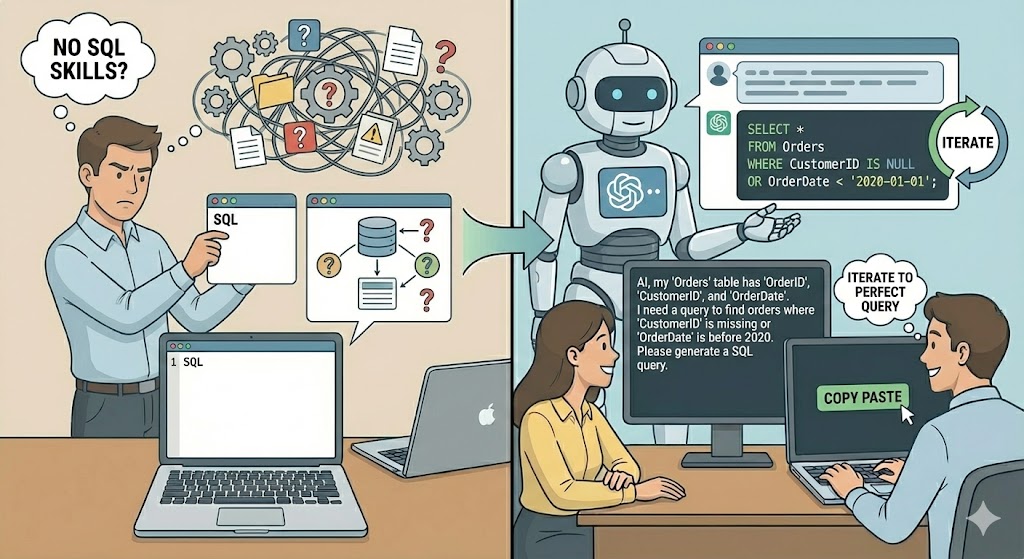 ThaaatColin's tweet image. If you need a DB query to identify data anomalies but don&apos;t have strong SQL skills, provide the AI model with details about your DB, explain what you&apos;re looking for &amp;amp; ask it to generate a query you can copy, paste &amp;amp; run. Then keep iterating to get the query you need.