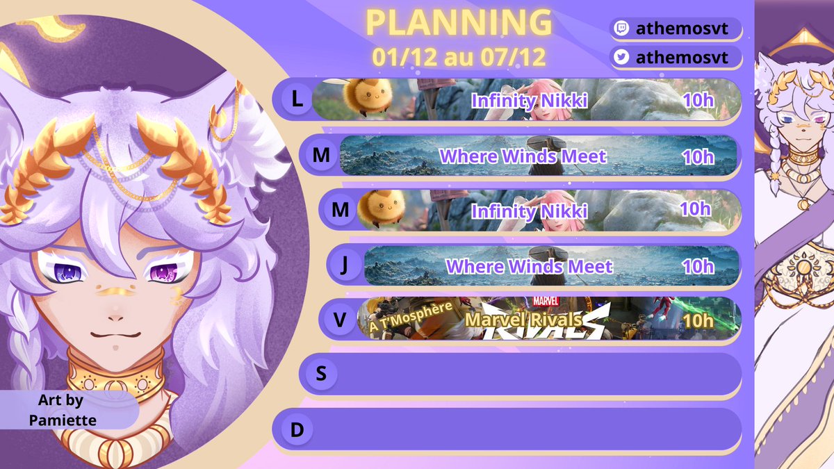 AthemosVT's tweet image. Planning de la semaine GACHA TIME
Demain 10h : Infinity Nikki
Mardi 10h : Where Winds Meet
Mercredi 10h : Infinity Nikki
Jeudi 10h : Where Winds Meet 
Vendredi 10h: A&apos;TMosphère (Vendredi Commu) sur Marvel Rivals 
#vtuber #vtuberfr #vstreamer