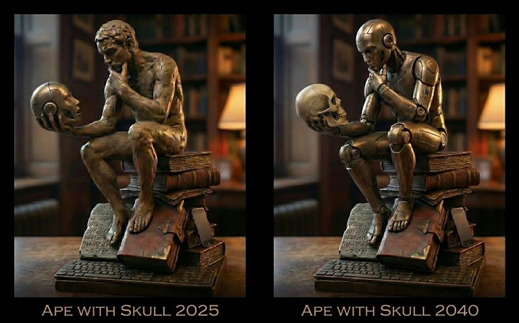 MichaelLimber's tweet photo. Ape with Skull 2025 &amp; 2040. I’m grateful to Hugo Rheinhold (1853-1900) for his clever original sculpture, and @WarrenFahy for the inspiration that it might be a good time for an update. https://t.co/3A1IDIybZl
