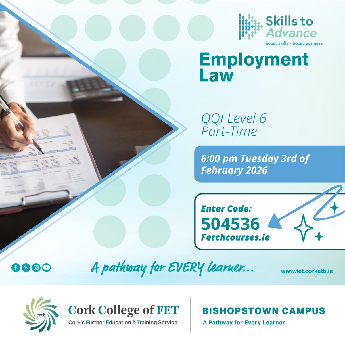 FETBishopstown's tweet image. Our #EmploymentLaw course is an excellent way to keep up to date with requirements of Irish Employment Law.
QQI Level 6 certified 🙌
Starting on the 3rd February  📅
Course fees are  Fully Funded #SkillsToAdvance 💰

@corketb @SOLASFET 
#ThisisFET
