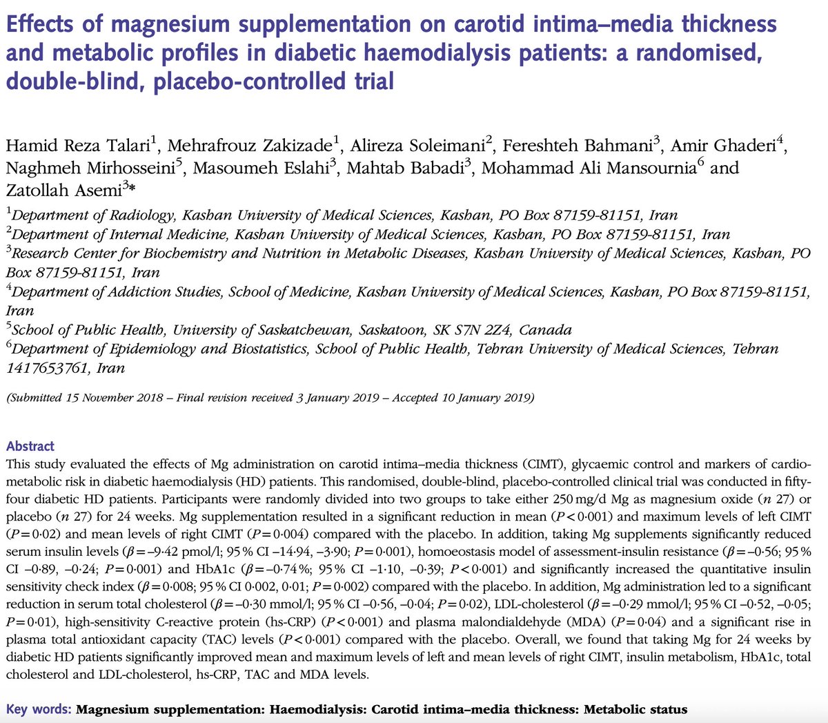 Outdoctrination's tweet photo. Magnesium shrinks plaques in the arteries. [study]

250 mg / day:

➤ Reduced carotid intima media thickness (CIMT, plaque thickness)
➤ Improved insulin + blood sugar
➤ Dropped inflammation (CRP)
➤ Lowered cholesterol
➤ Improved antioxidant capacity

even with the poorly absorbed magnesium oxide.

Magnesium acts on just about every pathway discussed below to protect the heart (NO availability, anti-inflammatory, calcium antagonist, etc.)