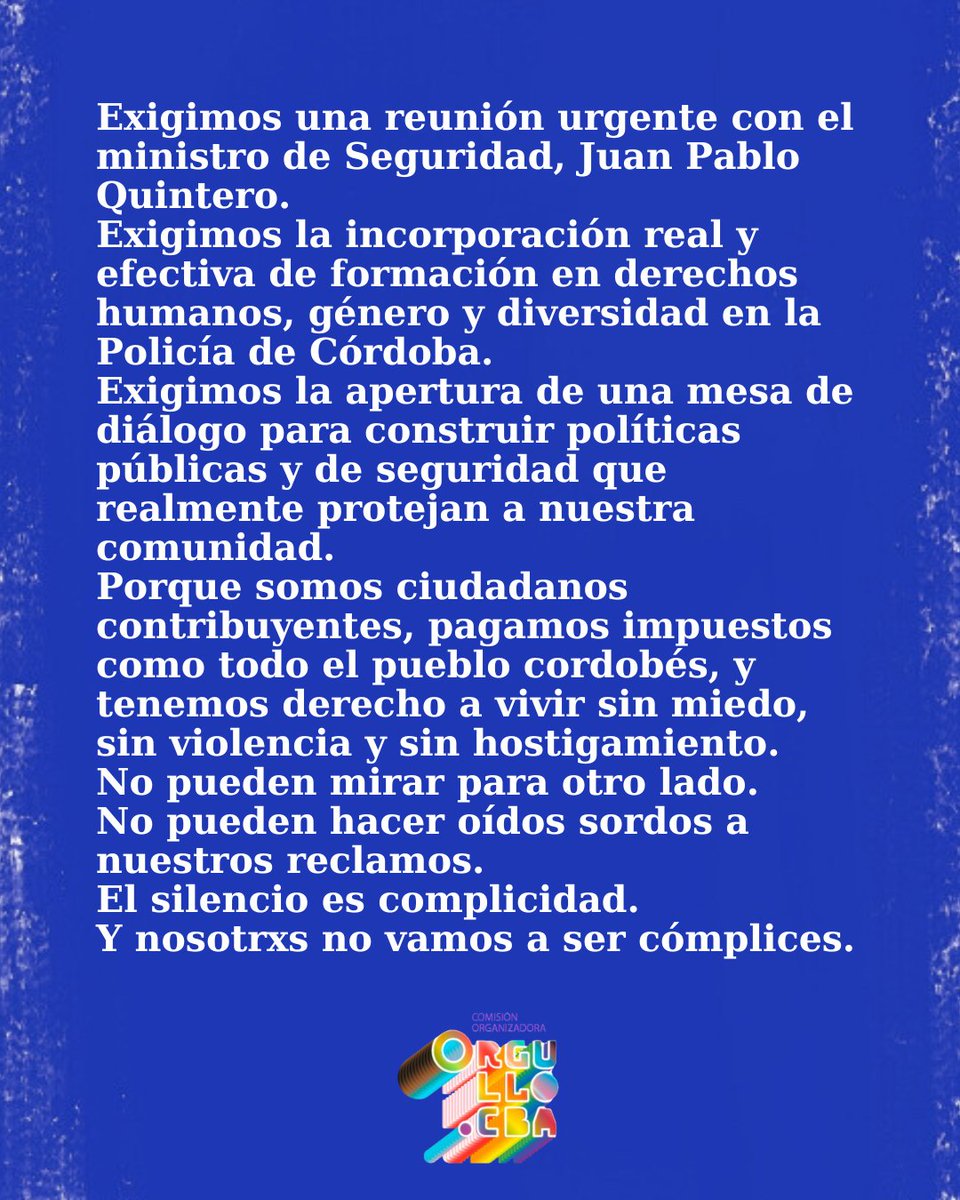 En Córdoba la policía molió a golpes a Samuel Tobares durante 20 minutos hasta matarlo al grito de «puto de mierda». 

LO MATÓ LA POLICÍA!

EL ESTADO ES RESPONSABLE!

Las políticas de Milei y Bullrich no le dan importancia a la vida humana. 

instagram.com/p/DRr7gb0gKRN/…