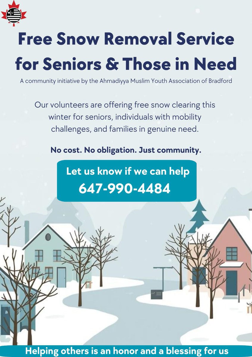 Our youth are ready to help! 

Offering FREE snow removal for seniors and anyone in need in the Simcoe Region. 

Reach out if you or someone you know could use a hand. ❄️

#SimcoeRegion #SnowRemoval #CommunityCare #MuslimYouth