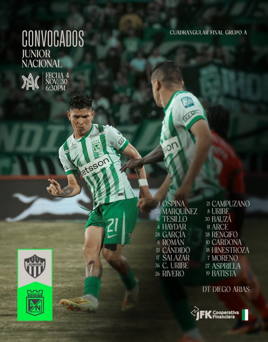 🇳🇬 All roads lead to Barranquilla ❗️

#LigaBetPlayDimayor 

🗓️ Playoffs, match day 4.

        🦈 Junior de Barranquilla 

                       🆚 

         ❇️ Atlético Nacional 

⏰ 6:30 🇨🇴 

#vamosnacional