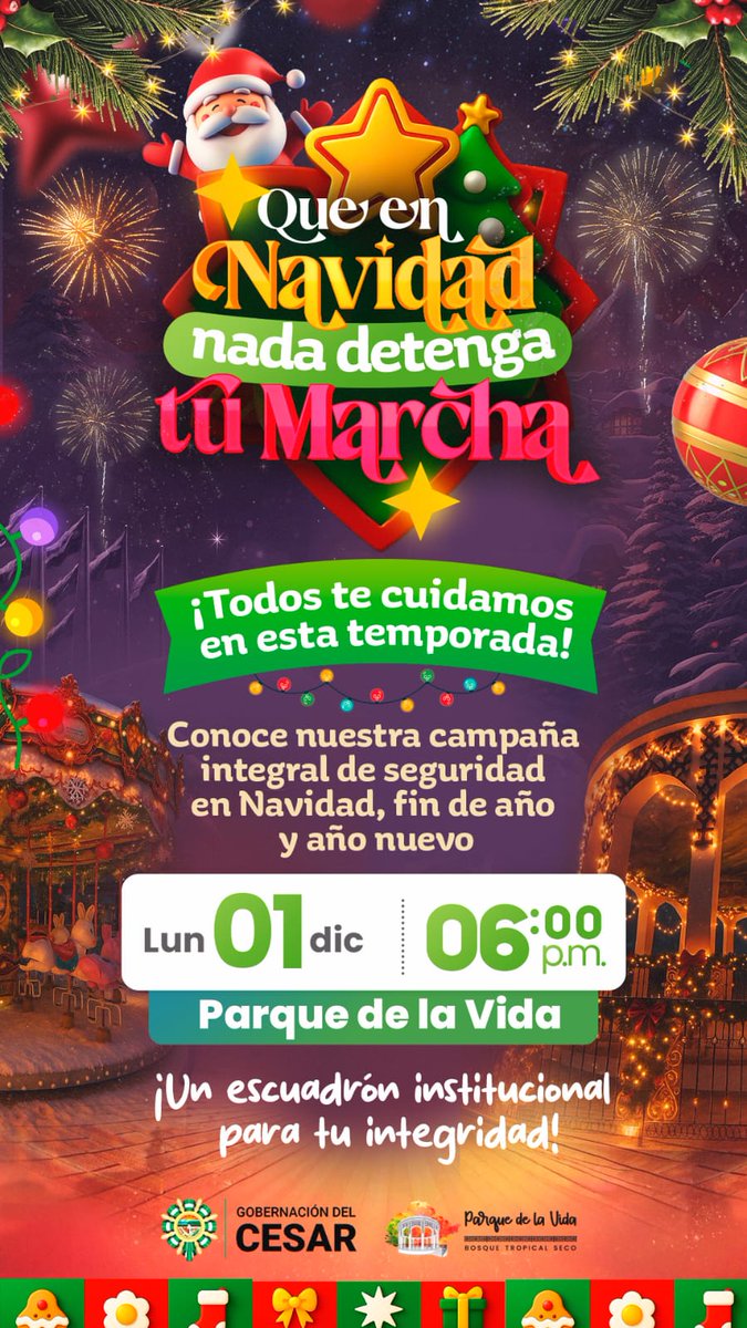 Llega #diciembre y el Gobierno del Cesar activa la estrategia 'Que en Navidad nada detenga tu Marcha'. 

Todo un escuadrón institucional cuidará de ti en esta temporada. 

Lanzamiento este lunes, a las 6:00 p.m., en el Parque de la Vida, en un  evento para toda la familia.