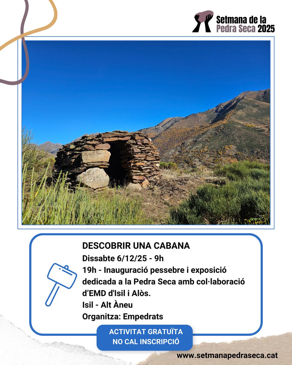 SetmPedraSeca's tweet image. 🔵APRENENTATGE
⚒️ Descobrir una cabana

🗓6/12
⏰9h
📍Isil
📌Organitza: Empedrats
➕Info, calendari i mapa👇
setmanapedraseca.cat/activitats/age…

#SetmanaPedraSeca25 #PedraSeca