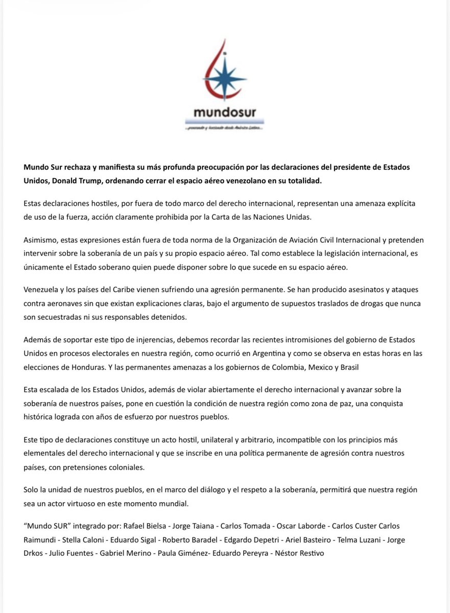 Trump amenaza con cerrar el espacio aéreo venezolano. Otro acto colonial e ilegal de EE.UU. contra nuestra región. Mundo Sur rechaza esta agresión y defiende la soberanía de América Latina.