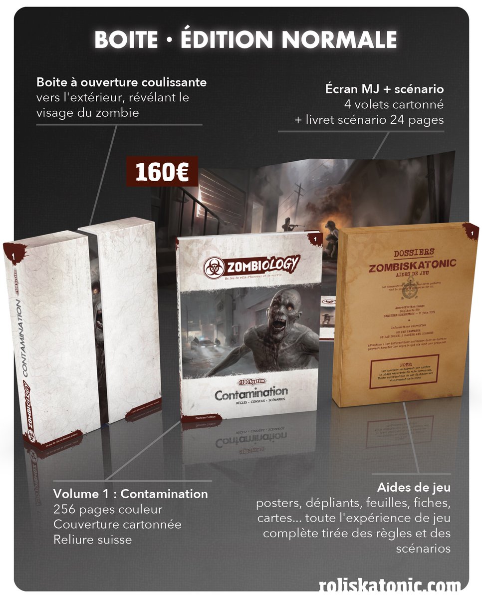 📣🔥 Demain lundi, c'est le grand jour !!! L'ouverture publique du financement participatif pour mon jeu de rôle de zombies, d'horreur et de survie, à base de d100 !
😱 La folie du projet, c'est de vouloir proposer une expérience complète, via des aides de jeu. Et dans une boite.
