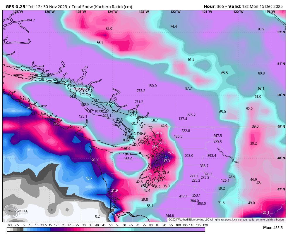 vlad_rad's tweet photo. Pure fantasy from the GFS, but we would be digging out ❄️tunnels if it somehow verified.
#BCSnow #BCCold #BCStormWatch #Winter #PNW #NotAForecast https://t.co/B182RJsct4