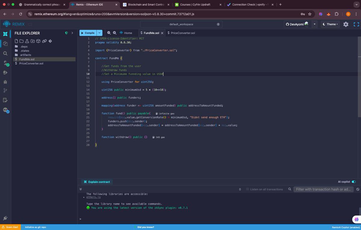 0xdevayo's tweet image. Day 8 of learning Blockchain 🔗

Today I learnt how to:

✨ Use interface
✨ Use Oracle(Chainlink data feed)
✨ Solidity Math

Seeing my contracts talk to each other inside Remix was mind-blowing 🤯
We go again tomorrow. 🚀⚡️

#100DaysOfBlockchain #Solidity #Web3 #Ethereum…