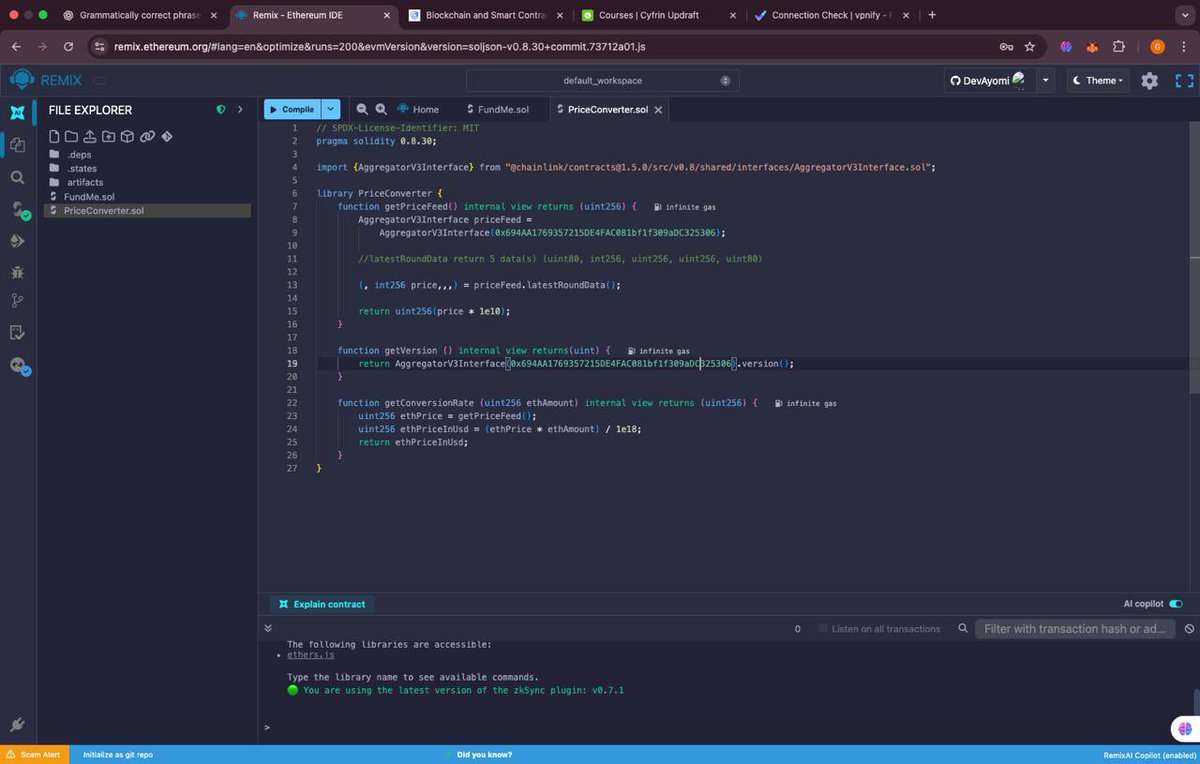 0xdevayo's tweet image. Day 8 of learning Blockchain 🔗

Today I learnt how to:

✨ Use interface
✨ Use Oracle(Chainlink data feed)
✨ Solidity Math

Seeing my contracts talk to each other inside Remix was mind-blowing 🤯
We go again tomorrow. 🚀⚡️

#100DaysOfBlockchain #Solidity #Web3 #Ethereum…