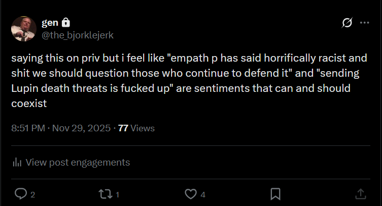 GenNuisance0's tweet image. fuck it im taking this off priv

by continuing to defend it I mean handwaving it away as &quot;racism was just part of the culture back then so why do you care&quot; as I&apos;ve seen some members of the community (not Lupin) doing