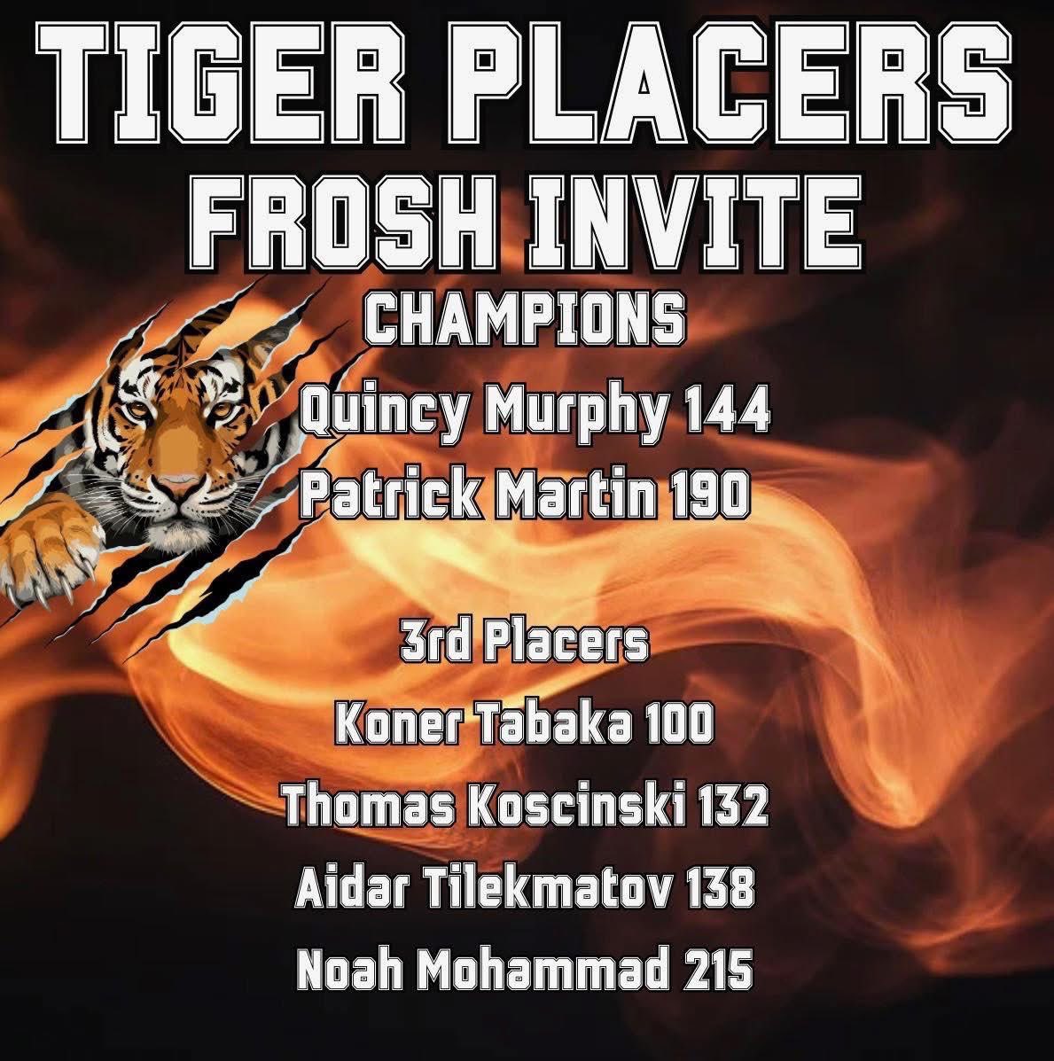 The Tigers fought through the snow storm and kicked butt at the Frosh invitational in Rockford. Today’s placers were. 

4th Placers
Derrick Calderon 144 - Michael Hamill 138
Matthew Brindisi 285

5th Placers 
Jaydn Delorenzo 175
Julian Segarra 190
Preston Ramsey 215