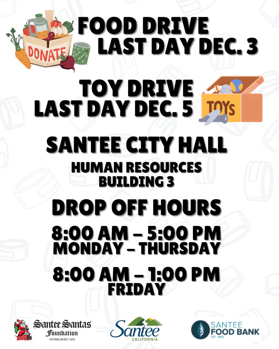 Last Call for Holiday Giving, Santee! 🎄

📅 Last day to donate to the Santee Food Bank is Wednesday, Dec. 3
🎁 Final day to drop off toys for the Santee Santas Foundation is Friday, Dec. 5

Bring donations to Santee City Hall, Bldg 3 

More info: bit.ly/3Kclmug