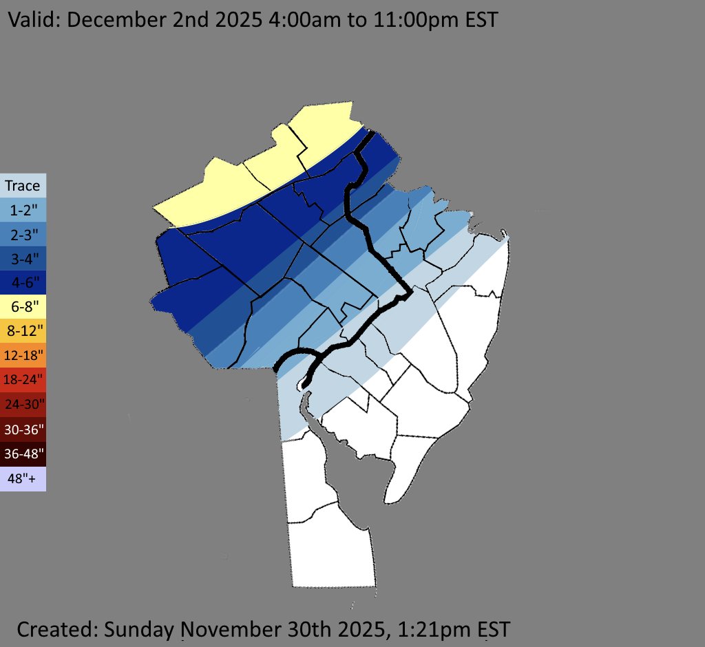 Second call for the snow threat for the Philadelphia region. A tight gradient will set up between I-78 and I-95. The northern PA mountains have the best shot at significant snowfall amounts. Areas closer to the coast will be looking at a heavy all rain event. #pawx #njwx #dewx