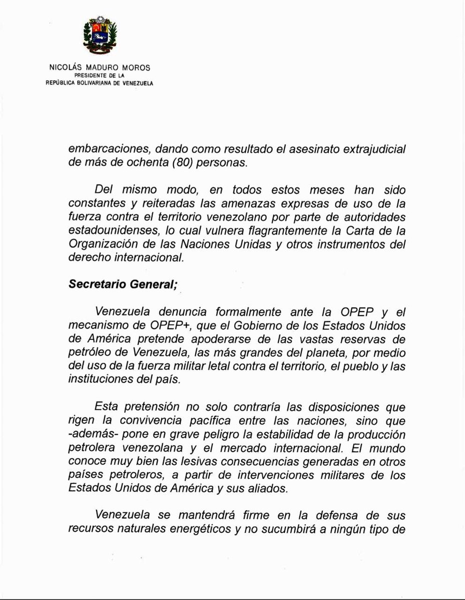 ElCuartoRoj0's tweet image. #Atención Pdte. Nicolás Maduro envía misiva ante las autoridades de la OPEP y OPEP+ denunciando la intención de EE.UU de apoderarse de los recursos energéticos de la nación Venezuela por medio de intervención militar. 

¡VENCEREMOS!

#20Nov #Venezuela #Trump