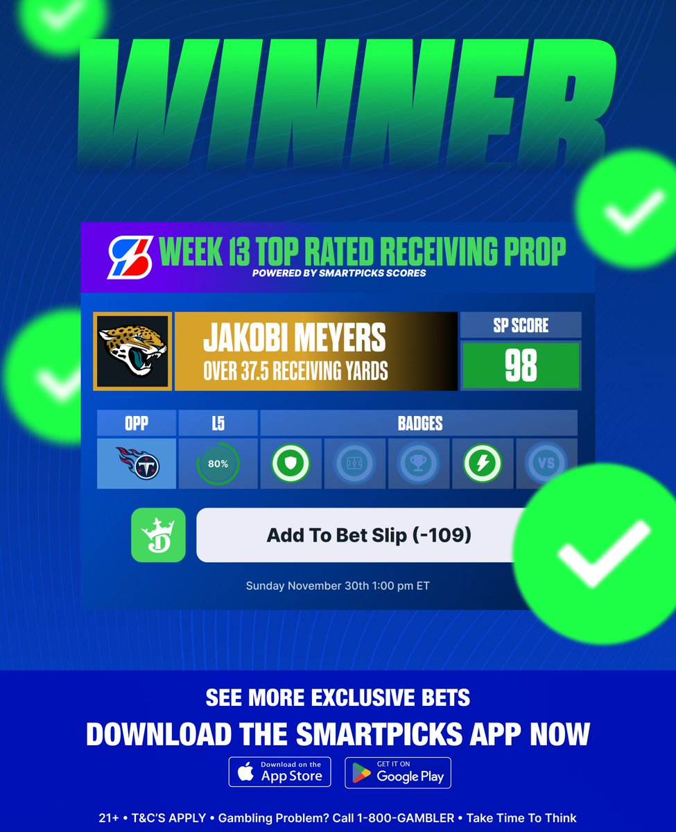 SmartPicksPro's tweet image. CASH THE TOP REC PROP ✅

Jakobi Meyers sails over with a 50-yd catch in the first quarter! 🔥

❤️ Who tailed this one? 
🔓 flashpicks.bet/99