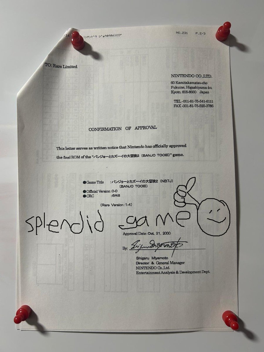 Ghoulyboy's tweet image. Here is the fax from Miyamoto-san approving Banjo-Tooie for release in Japan. Nice of him that compliment (in my mind anyway). Faxes were like emails before emails existed, which came very slowly out of a printer