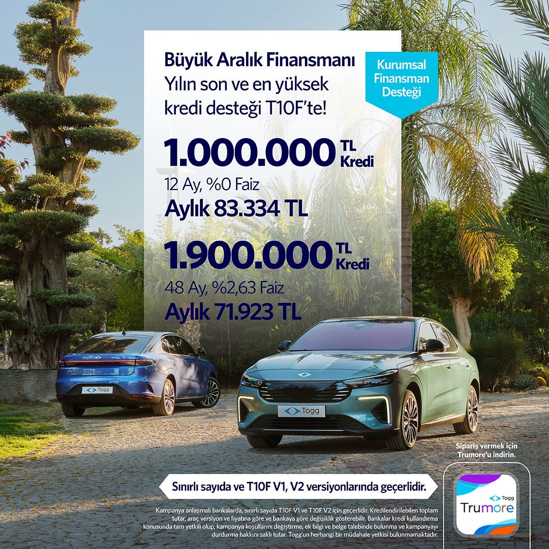 🚘 Togg, T10F’te geçerli stokların sınırlı olduğu 1 milyon TL’lik sıfır faizli kredi kampanyası açıkladı.